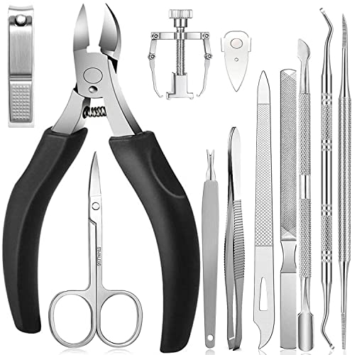 JINPIKER Profi Fußnagelzange Set Nagelschere,Nagelzange,12 Stücke Edelstahl Fußnagel Knipser mit Doppelseite Nagelfeile und nagelschere set,Reparieren für Dicke Eingewachsene Fußnäge (Schwarz)