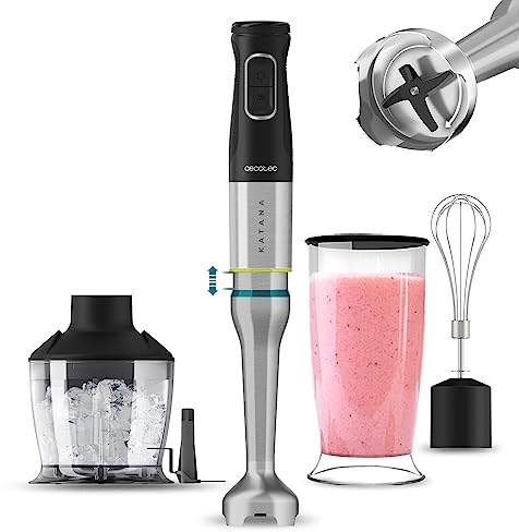 Cecotec Batidora de Mano Katana 12 Chop B. 1200 W, 21 Velocidades y Turbo, 4 Hojas con Titanio Negro, Campana antisalpicaduras, Pie extralargo, Vaso 800 ml, Kit de accesorios
