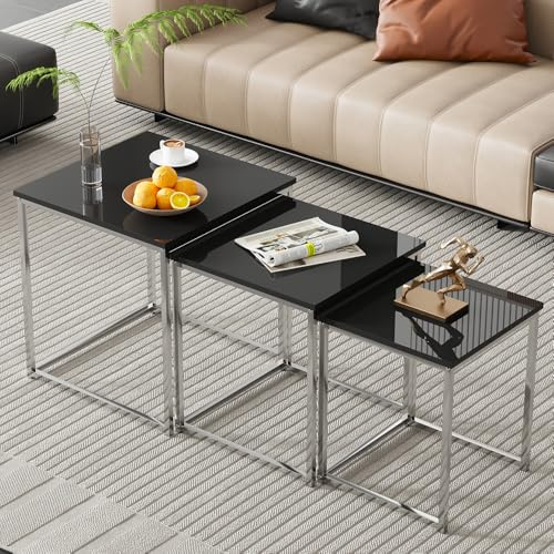 Rainbow Tree Set of 3 Nesting Coffee Tables Black for Living Room, High Gloss Nest of 3 Nested Tables Sofa Side Table Coffee Table End Tables Space Saving