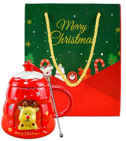 CAREDGO Weihnachtstassen Set, 450ml Weihnachtsbecher Rot Süße Tassen mit Deckel und Löffel Trinkbecher Porzellan Christmas Mug Keramik Tassen Weihnachten Kaffeebecher für Eltern, Freunde, Weihnachten
