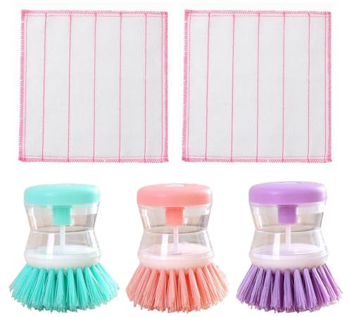 EHDWXVZM Pack De 3 Cepillos para Lavavajillas, 2 Trapos, Cepillos De Limpieza De Cocina, Limpiador Multifuncional, Cepillo para Lavavajillas con Dosificador De Líquido Lavavajillas