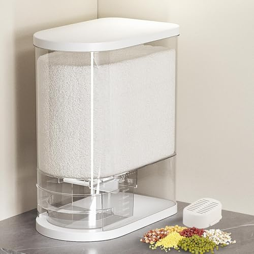 SYNCVIBE Dispensador de arroz grande de 25 libras, contenedor de almacenamiento de cereales con tapa cilíndrica medidora, soporte hermético a prueba de humedad para soja (blanco, 25 libras)