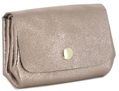 Double Tree Petit Porte-Monnaie Cartes Cuir Véritable Irisé pour Femme - Mini Portefeuille Brillant à Magnétique 3 Compartiments - Chic Élégant - Taupe