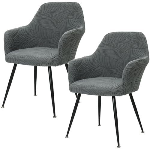 Betylifoy Dining Chair Covers 2PCS Chair Covers with Armrest Stretch Jacquard Chair Cover Removable Washable Chair Slipcover for Dining Room Kitchen Office (2, Dark Grey, Universal)