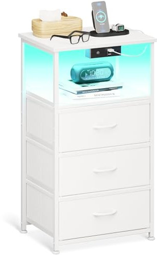 Coleshome Mesitas de Noche Blanco, con Enchufe, 2 Puertos USB y Tira de Luces LED, Mesita de Noche con 3 Cajones de Tela y 2 Espacio de Almacenamiento, 40 x 30 x 70 cm, 1 Paquete