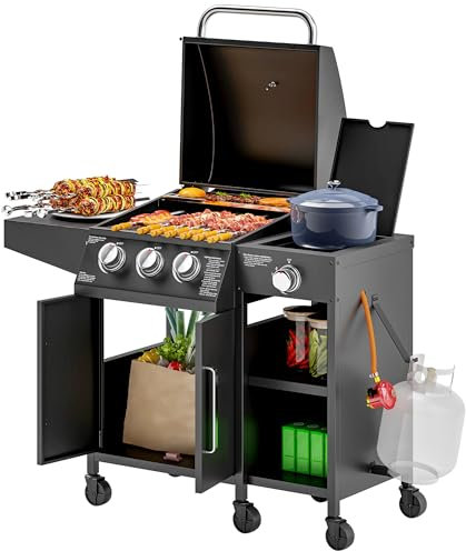 Outsunny 3+1 Burner Gas BBQ Grill with Storage Cabinet and Shelves, 9.5 kW Gas Barbecue Trolley with 6 Castor Wheels, Warming Rack, Thermometer for Outdoor Cooking Garden Party, Black