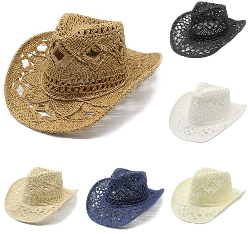 Générique Chapeau de Cowboy Western pour Femme et Homme - Été Shapeable Paille Creusé Soleil Casquette pour Voyage Plage Extérieur Pêche