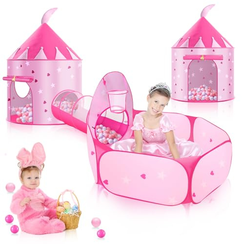 HOTUT Tienda Campaña Infantil + Piscina de Bolas + Túnel Plegable 3 en 1 Pop Up, Parque Infantil Emergente, Tienda para Niños, Exterior Interior Juguetes Niños Niñas Bebes Casitas Tela Tipi (Rosa)