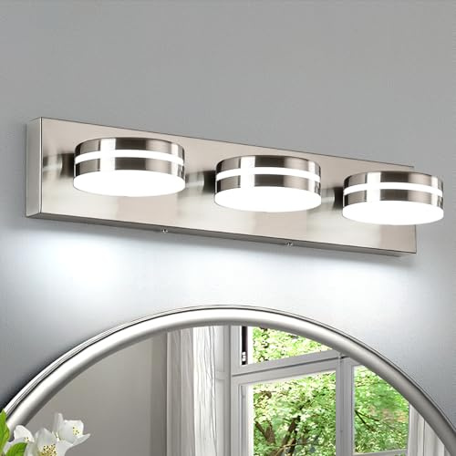 Bicrink Brushed Nickel Bathroom Vanity Light, (24in Dimmable) 3-Light Bathroom Light Fixtures Over Mirror, LED 5500K Vanity Lights with 360°Rotating Lamp Head