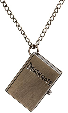 JewelryWe Death Note Taschenuhr mit Kette: Antik Bronze Analog Quarz Kettenuhr Gothic Notizbuch zum Öffnen Uhr Anhänger Halskette mit Totenkopf Schädel Männer Frauen