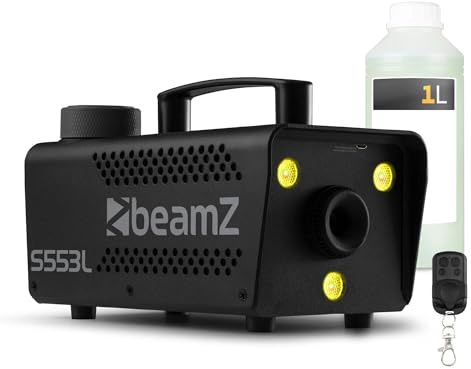 BeamZ S553L máquina de humo 550W con LEDs RGB y efecto estroboscópico, lista en 2,5 min, salida 50 m³/min, incluye 1L líquido de humo, compacta y portátil para fiestas y eventos