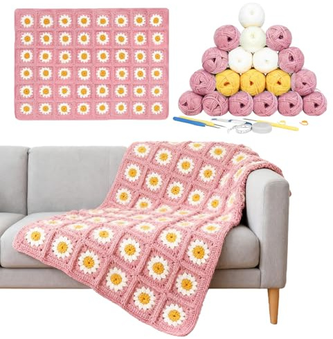 CZCMYAU Kit all'uncinetto per principianti, kit completo di coperta all'uncinetto per adulti, set per nonna quadrata all'uncinetto con istruzioni passo passo, margherita rosa