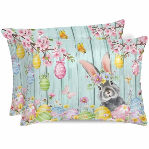 Easter Grey Bunny Satin Pillowcase for Hair and Skin with Zipper, Soft Breathable Cooling Silk Pillow Cases, Spring Colorful Egg Flower Teal Wood Grain Throw Pillow Covers Standard Size 20x26 2Pcs