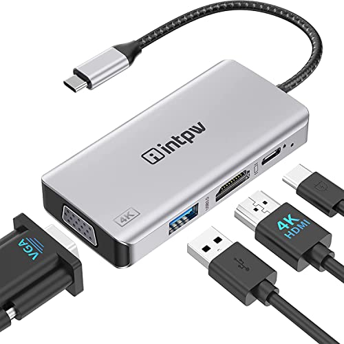 intpw USB C zu HDMI VGA Adapter, Aluminium Adapter HDMI VGA mit 4K HDMI, 1080P VGA, USB 3.0 5Gbps, PD 100W Aufladung, Dual Screen Display für MacBook Pro/Air/ipad Pro/Dell XPS mit Thunderbolt 3 Port