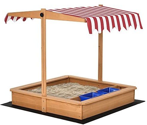 Outsunny Sabbiera per Bambini in Legno con Tettuccio Regolabile in Altezza, Gioco da Giardino con Sedute sui Bordi e Vaschette, 107.5x107.5x100cm