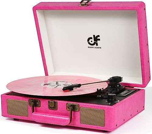 Vintage Bluetooth Suitcase Record Player with Built-in Speakers, 3 Speed Portable Turntable with USB Vinyl Audio Recorder RCA AUX-in & Headphone Jack (Pink)