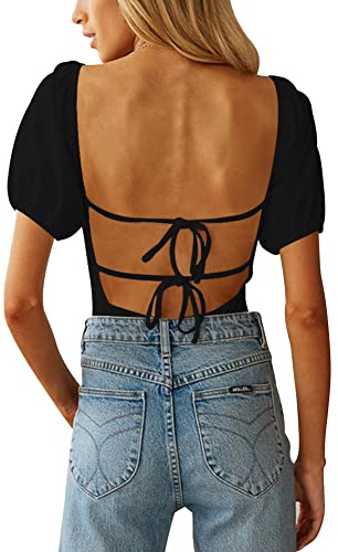 oten Womens Tie Back Sexy Bodysuit for Going Out Puff Sleeve Scoop Neck Open Back Bodysuits Solid Backless One Piece Leotards Black X-Large
