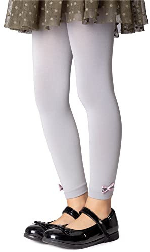 NOQ Schlichte fußlose Strumpfhose für Mädchen blickdichte Leggings mit Schleifen Mikrofaser unter dem Rock Tunika Hose Schule Gymnastik Tanz, Paloma Grey 8/9 Jahre (128/134 cm)