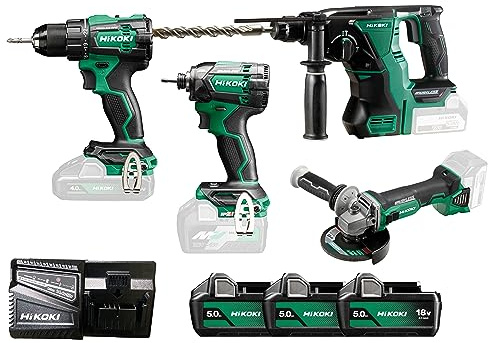 HiKOKI Kit Combinato a Batteria - Trapano Avvitatore, Avvitatore a Impulsi, Smerigliatrice Angolare, Martello Perforatore, 3 Batterie da 5.0Ah, Caricabatterie, Borsa da Trasporto - Potente e Versatile