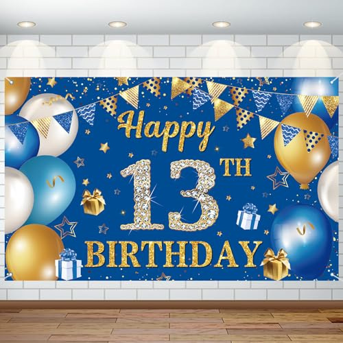Bannière pour 13e anniversaire – Grande taille bleue et dorée pour garçons et filles – Toile de fond « Happy 13th Birthday » pour fête d'anniversaire de 13 ans – Accessoire photo décoratif