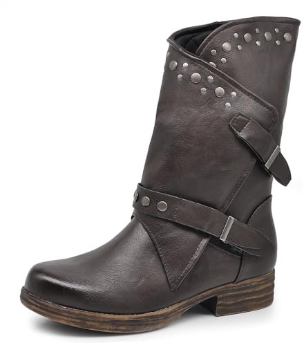IF Fashion Scarpe Da Donna Stivali Stivaletti Biker Fibbie Anfibi Al Polpaccio Largo Con Borchie 647-2 Testa di moro N.36