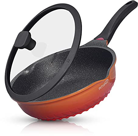 INTIGNIS® 30cm Deep Non-Stick Frying Pan with Lid – Multifunctional 3-in-1 Wok, Skillet & Deep Pan – GREBLON Ceramic Coating, Induction Compatible, Chemical-Free, Orange