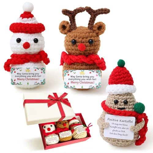 3Pcs Handmade Emotional Support Crochet Christmas Set: Snowman, Reindeer & Positive Potato with Energy Cards in Gift Box, Festive Knitted Dolls for Women Men Friends, Cute Plush Toy for Desk Decor