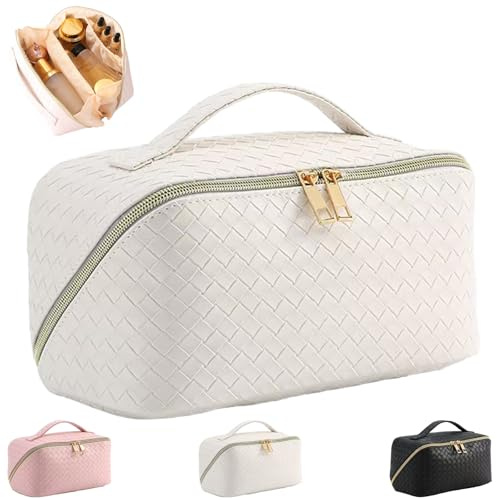 HUANYO Large Capacity Makeup Bag for Women, PU Leather Waterproof Travel Cosmetic Organizer with Handle & Divider, Portable Flat Lay Toiletry Bag (White)