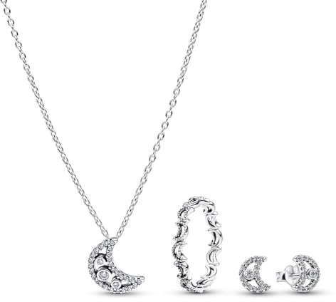 PANDORA Conjunto de joyería de luna para mujer con collar, anillo y aretes, plata de ley 925 con circonitas cúbicas, un hermoso regalo para tu esposa o novia 21122