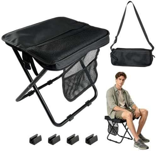 Campingpall vikbar med sidoficka och 4 halkfria underlag | Lastkapacitet 150 kg, kolstål, 600D Oxford-tyg, X-form, väska och bärrem, för utomhusbruk