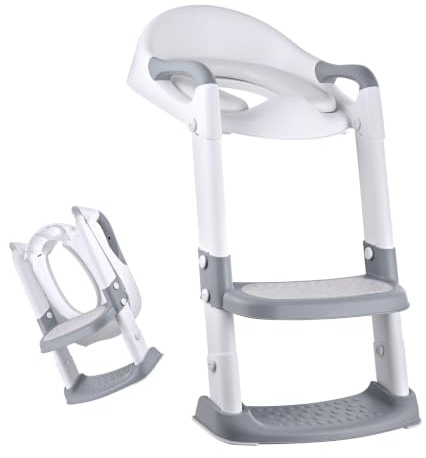 Relaxdays siège WC enfant avec marche, réglable 39-45 cm, gris/blanc | pliable, coussin, apprentissage propreté