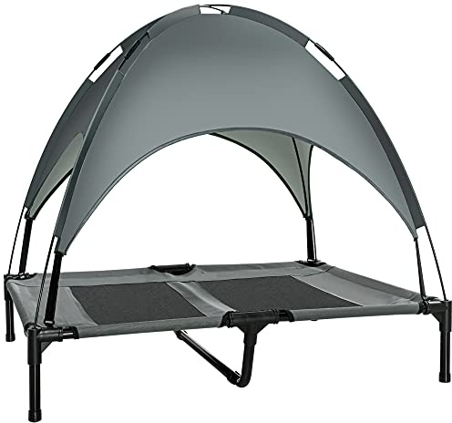 PawHut Erhöhtes Hundebett mit Baldachin, Haustierbett, Hundeliege Outdoor mit Dach, Atmungsaktiv, Taftstoff für Camping Grau 92 x 76 x 90 cm