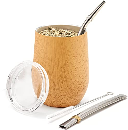 BALIBETOV Set Mate Argentino para Yerba Mate - Kit Mate de Vaso para Mate Pared Doble de Acero Inoxidable 18/8 - Incluye Dos Bombilla Mate y un Cepillo para Limpiar la Bombilla (Madera Clara, 355 ml)