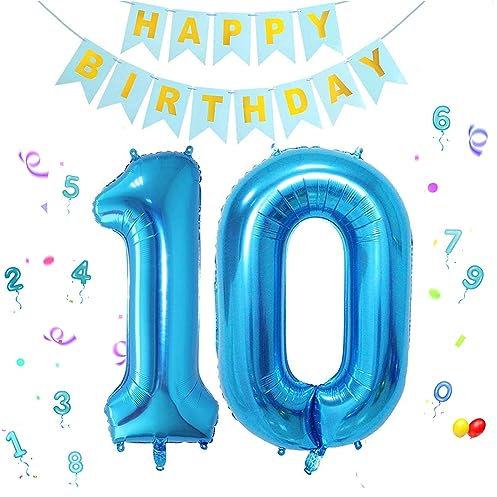 1 Pcs Globos de Cumpleãnos 10 Años Azul+Happy Birthday Guirnalda,100CM Foil Globo Número 10 Decoracion Cumpleaños Fiestas,Inflar con Helio o Aire,Globos Numeros Gigantes para Fiestas