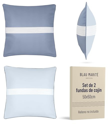 BLAU MARITÉ Set med 2 dekorativa kuddfodral modell FORMENTERA. Tålig, vattentät och fläckfri. Mjuk och behaglig vid beröring. Kan användas både inomhus och utomhus. (50x50 cm, Blå)