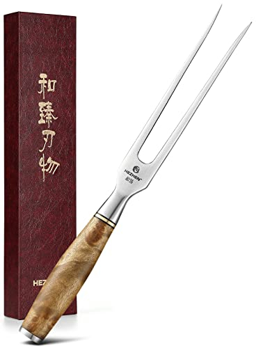 HEZHEN Fourchette à Découper Acier Inoxydable-Fourchette à Trancher Viande Barbecue-Manche en Bois de Sycomore Figuré