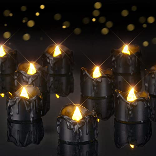 Homemory 24-Pack Halloween Black Dripping Flameless Tea Lights, Battery Operated Flickering LED Candles, Safe for Pumpkins, Party & Holiday Decor, 1.58 D x 1.2 H, Warm White Glow
