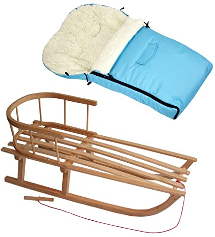 Kombierbjudande träsläde med ryggstöd och dragrep + universell vinteråksäck (90 cm), även lämplig för babystol, barnvagn, buggy, lammull, uni (turkos + släde)