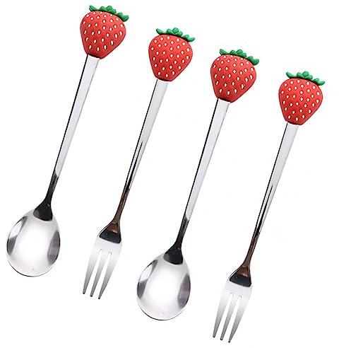 BESTonZON Edelstahl Obstgabel Und Löffel Set 4-Teilig Mit Kreativem Fruchtförmigem Design Spülmaschinenfestes Küchengeschirr Für Dessert Salat Und Party 5.59X0.79X0.12In