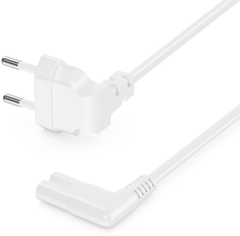 deleyCON 2m Cable de Alimentación con Clavija Euro Plana Acodada - Clavija Euro Acodada 90° a Toma C7 Acodada 90° - para Pequeños Dispositivos - Blanco