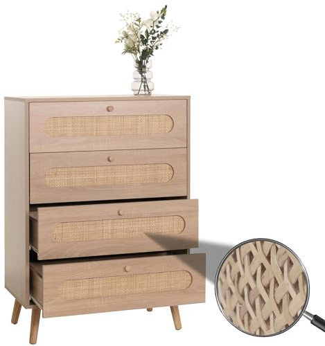 Mendler Kommode HWC-M38, Schrank Sideboard Highboard, Kubu Rattan Holz, 101x71x42cm Eiche-Optik