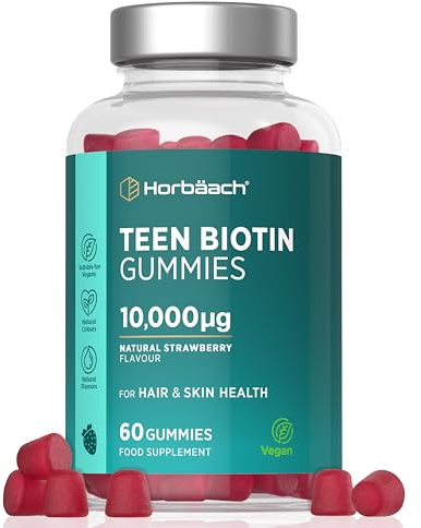 Biotin Hair Growth Gummies for Teens 10,000mcg | Hair and Skin Supplement for Teenagers | Strawberry Flavour Tablet Alternative | Vegetarian and Vegan | 60 Count | by Horbaach