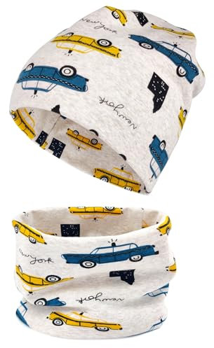 beifon Kinder Beanie Mütze & Loop Schal Set, 95% Baumwolle Mütze Schal Set Mädchen Jungen 2-8 Jahren, Schlauchschal Warme Wintermütze Strickmützen für Herbst Winter Frühling