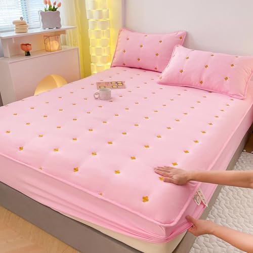 FOREPOTY Bettschutz Spannbettlaken,Einfarbiges, verdicktes, gestepptes Bettlaken, geeignet für 12/30 cm tiefen Matratzenschoner, Bettbezug, Pink, 180 x 200 cm (1 Stück)