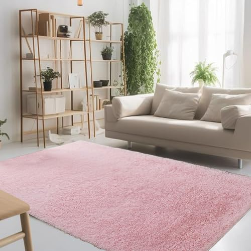 Alfombras Dormitorio 105 x 120 cm Lavable Antideslizante Alfombra Esponjosa de Cama sin Pérdida de Cabello Adecuado para Salón Dormitorio Baño Sofá Silla Cojín, Rosa