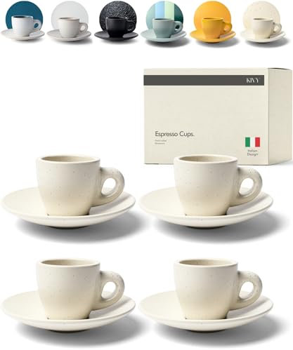 KIVY Espresso Tassen Set [4x 75ml] - Espressotassen mit Untertassen - Handgefertigte Espresso Tassen dickwandig - Italienische Espressotassen Steingut Dickwandig - Beige