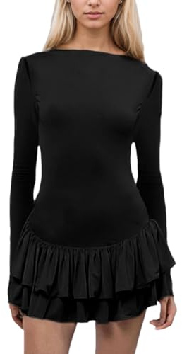 EMOTTOS Mini Robe de Soirée Courte pour Femme, Robes de Cocktail élégantes avec Ourlet à Volants, Robe Moulante à Encolure Ronde, Sexy Moulante Shirt pour Clubbing Cocktail, Noir, L