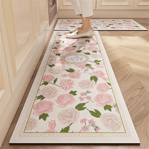 Hixingo Küche Teppich rutschfest Kieselgur Küchenläufer Schnelltrocknend Küchenteppich Rosen Drucken Absorbierend Läufer Teppich Modern Küchenmatte Schmutzfangmatte (rosa Rose,60x180cm)