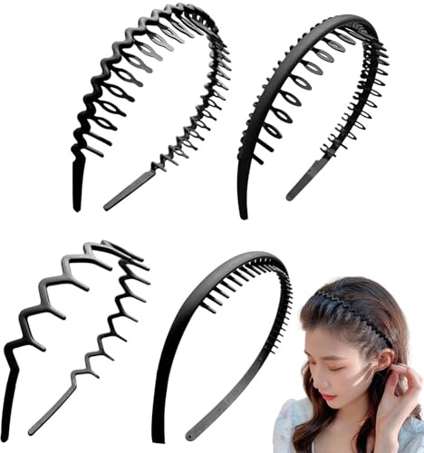 4 Stück Haarreifen Matt Schwarzes Elastisches Haarbänder Mehrere Stile Wellen Gezackte Haarreif Rutschfest Zickzack-Stirnband mit Anti-rutsch Zähne Geeignet