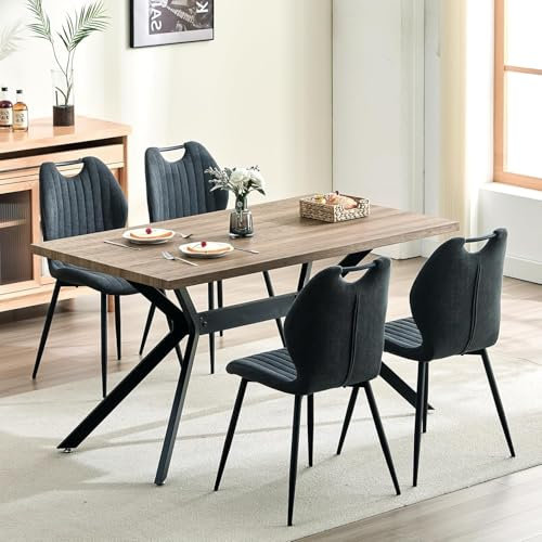 LEWE Juego de Mesa de Comedor Rectangular y 4 Sillas, Respaldo Alto, Patas de Hierro Negro, Sillas de Comedor Tapizadas y Muebles de Cocina de Juego de Comedor Estilo Moderno